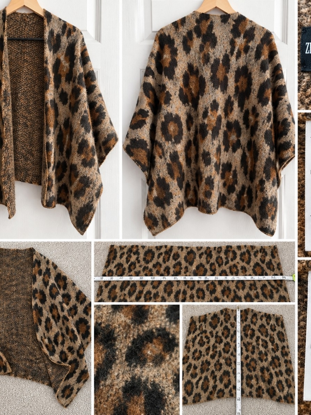 Leopard Print Open Front Women's Sweater Cape - Brown/Black